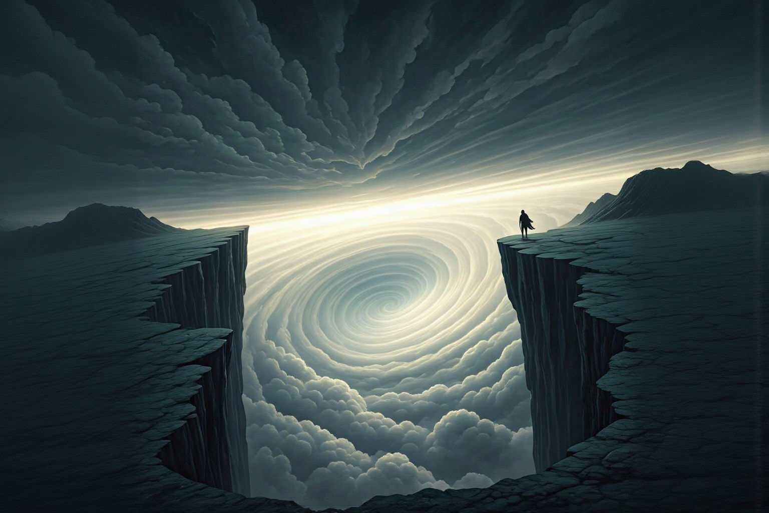 Figure on High Cliff Overlooking Cloud Vortex