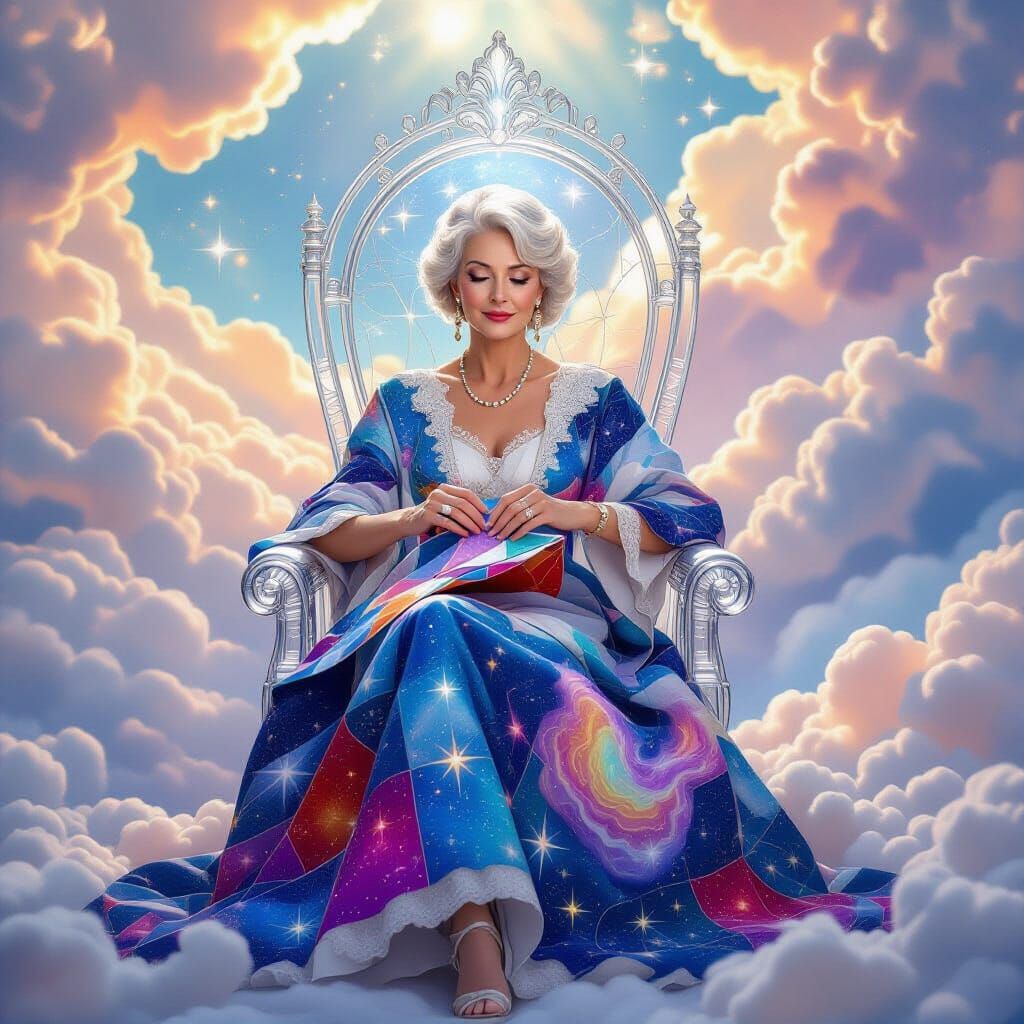 Woman on Glass Throne Sewing Cosmic Quilt