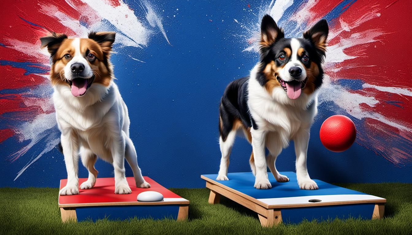 Hyperrealistic Dogs Playing Cornhole with Patriotic Backdrop
