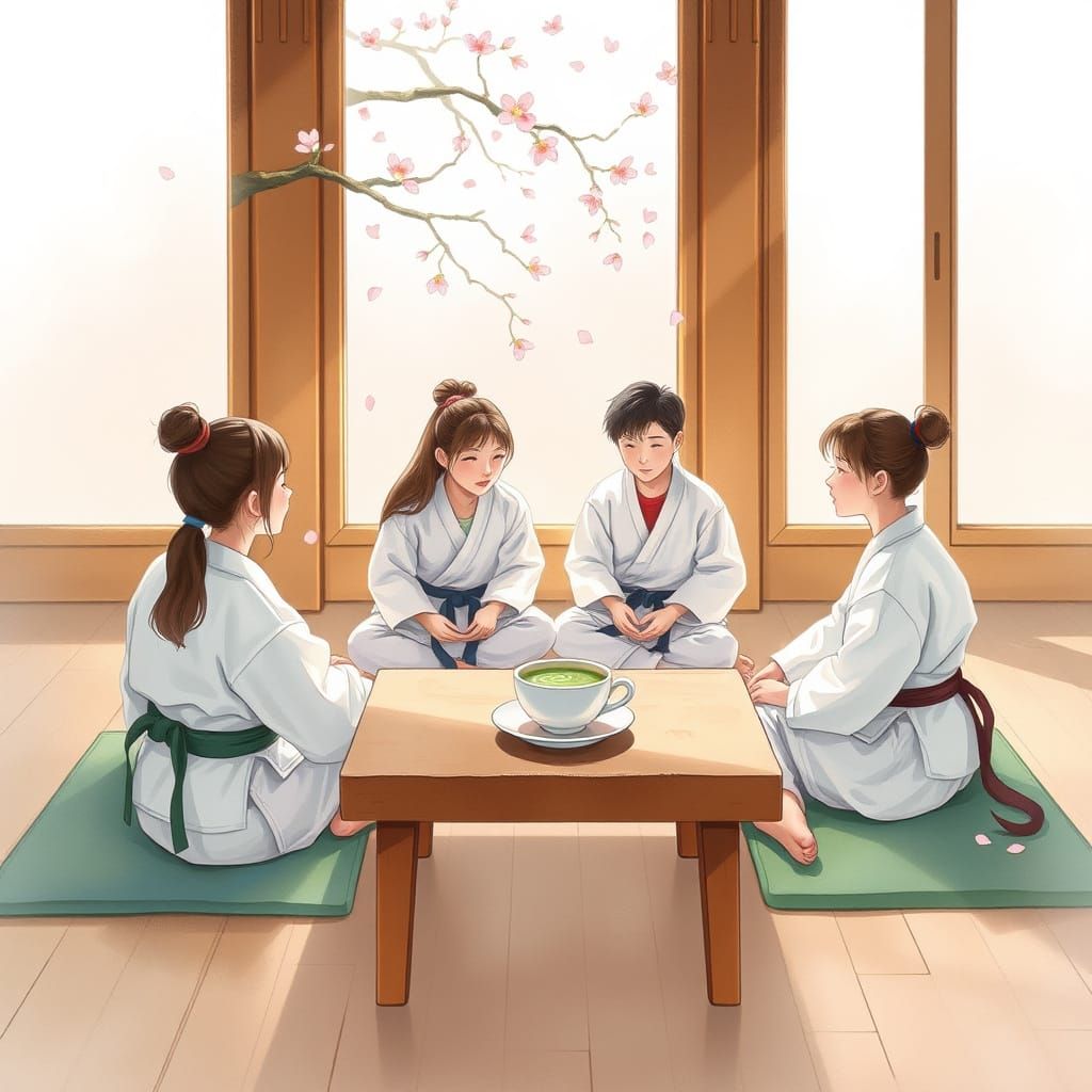 Serene Karate Dojo with Cherry Blossoms: Dreamy Watercolor S...