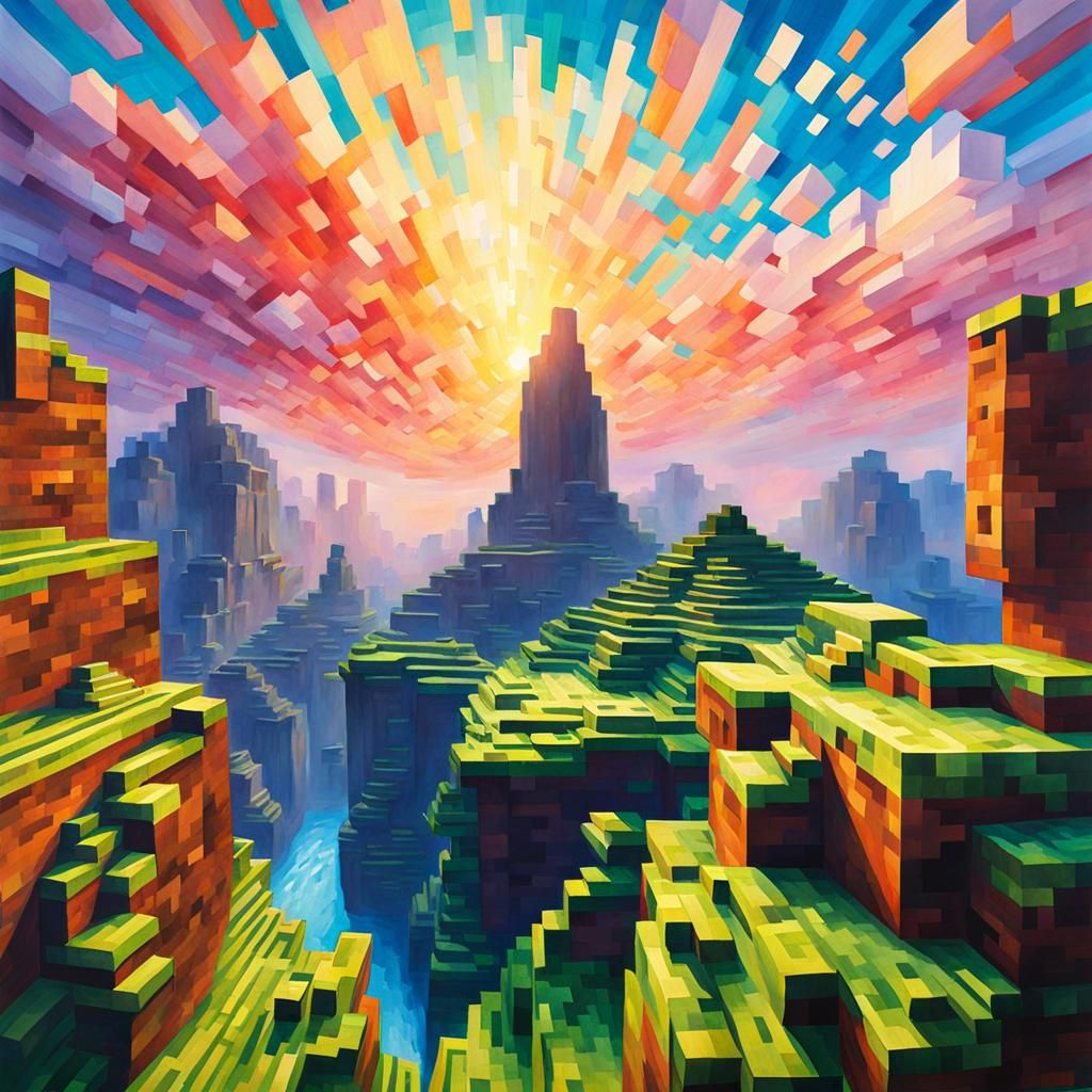 Minecraft Sky Block as Gouache Painting