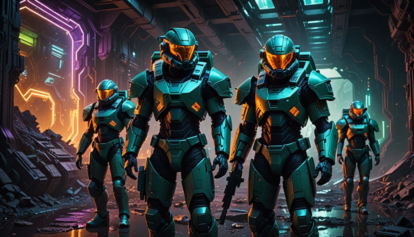 Cyberpunk Space-Marines Squad Explores Futuristic Alien Ruin...