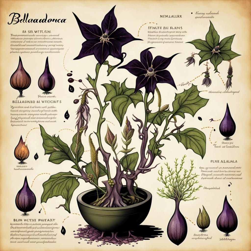 Belladonna Plant and Witch's Familiar Illustration