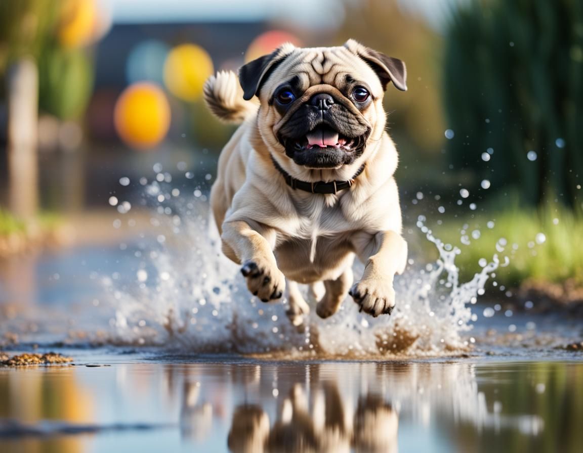 Happy Pug Dog Zoomies Through Puddles in 3D