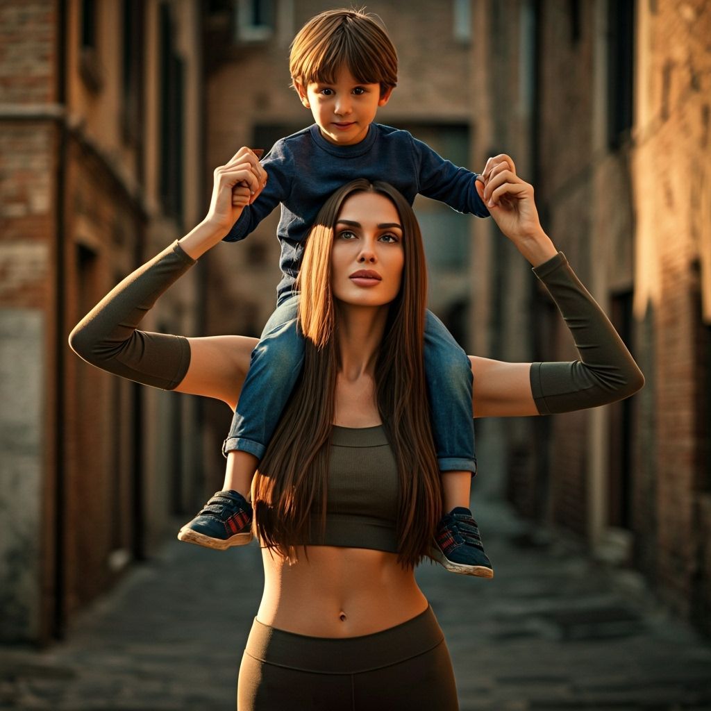 Italian Woman Carrying Boy Playfully in Warm Sunlight