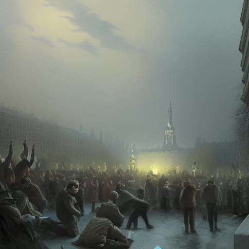 Surreal Park Scene with Musicians and Readers