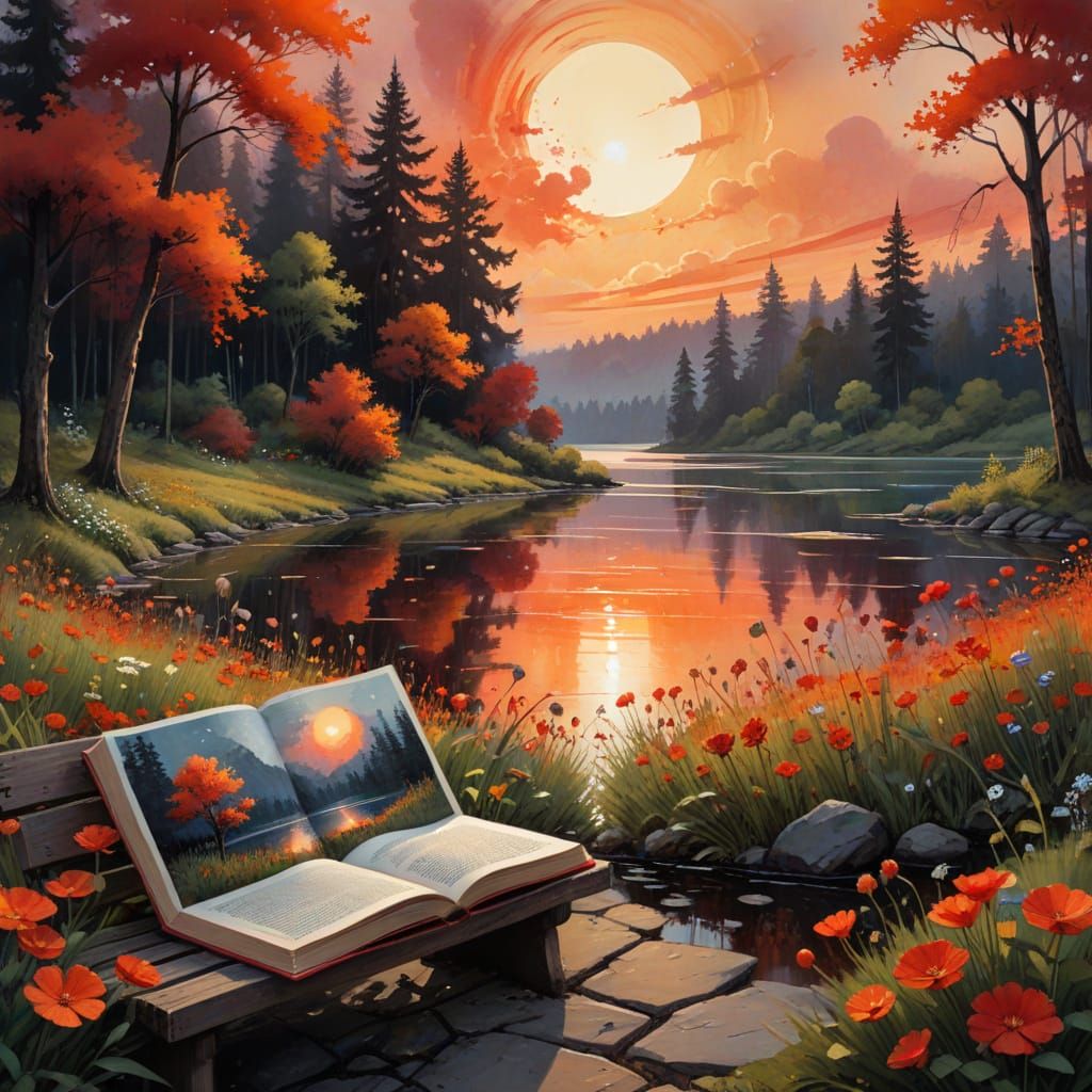 Gouache Masterpiece of a Serene Lake Scene at Dusk