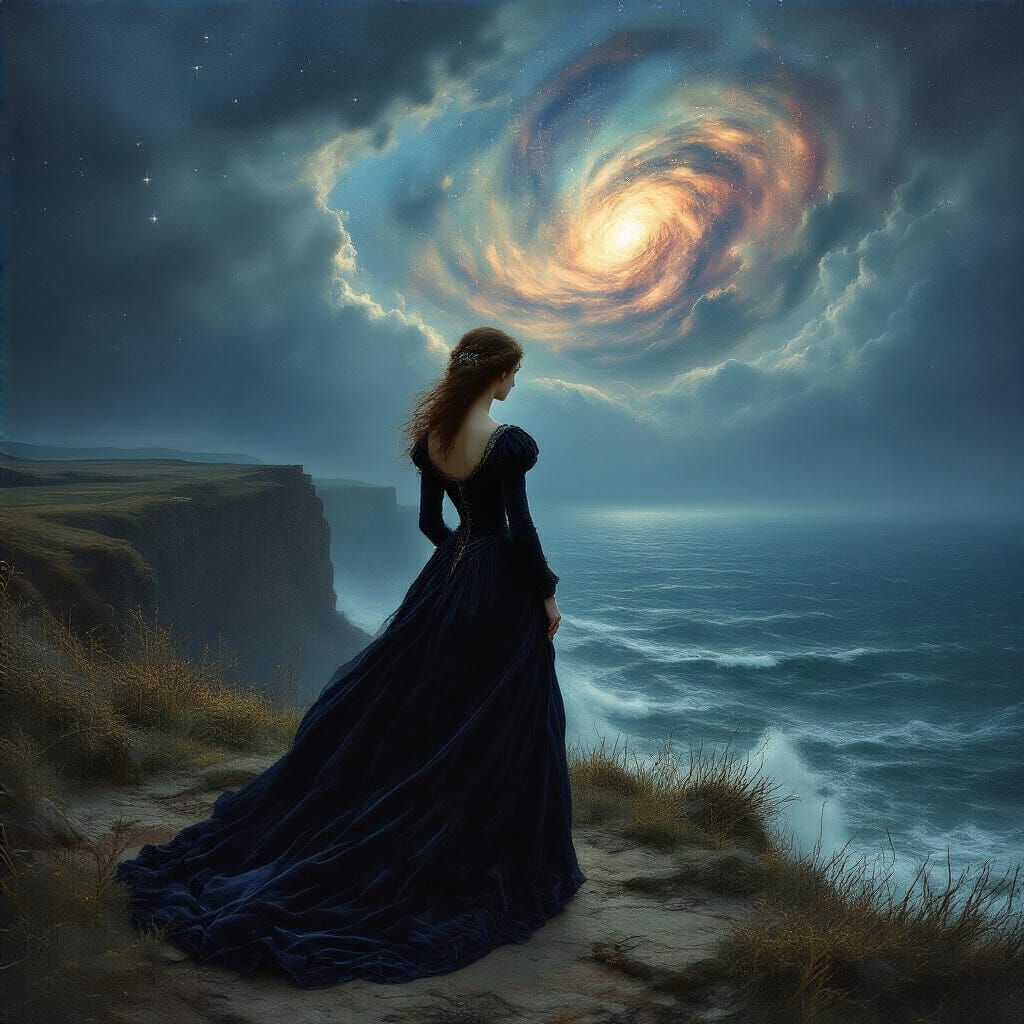 Noblewoman Contemplates Starry Sea in Pre-Raphaelite Style