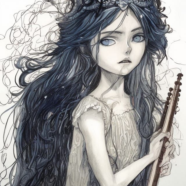 Muse Girl Portrait with Harp and Pen in Acrylic Style