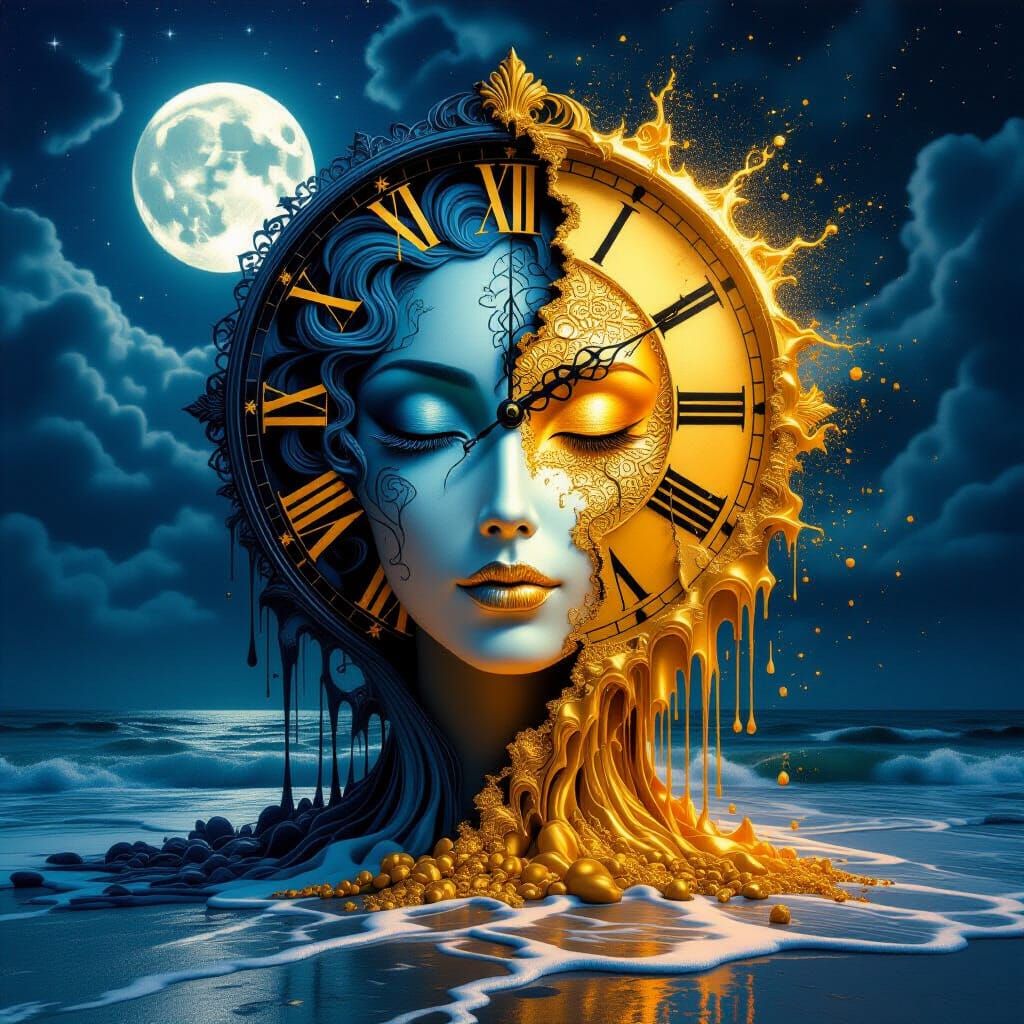 Yin and Yang Zen Woman: Melting Clock in Storm