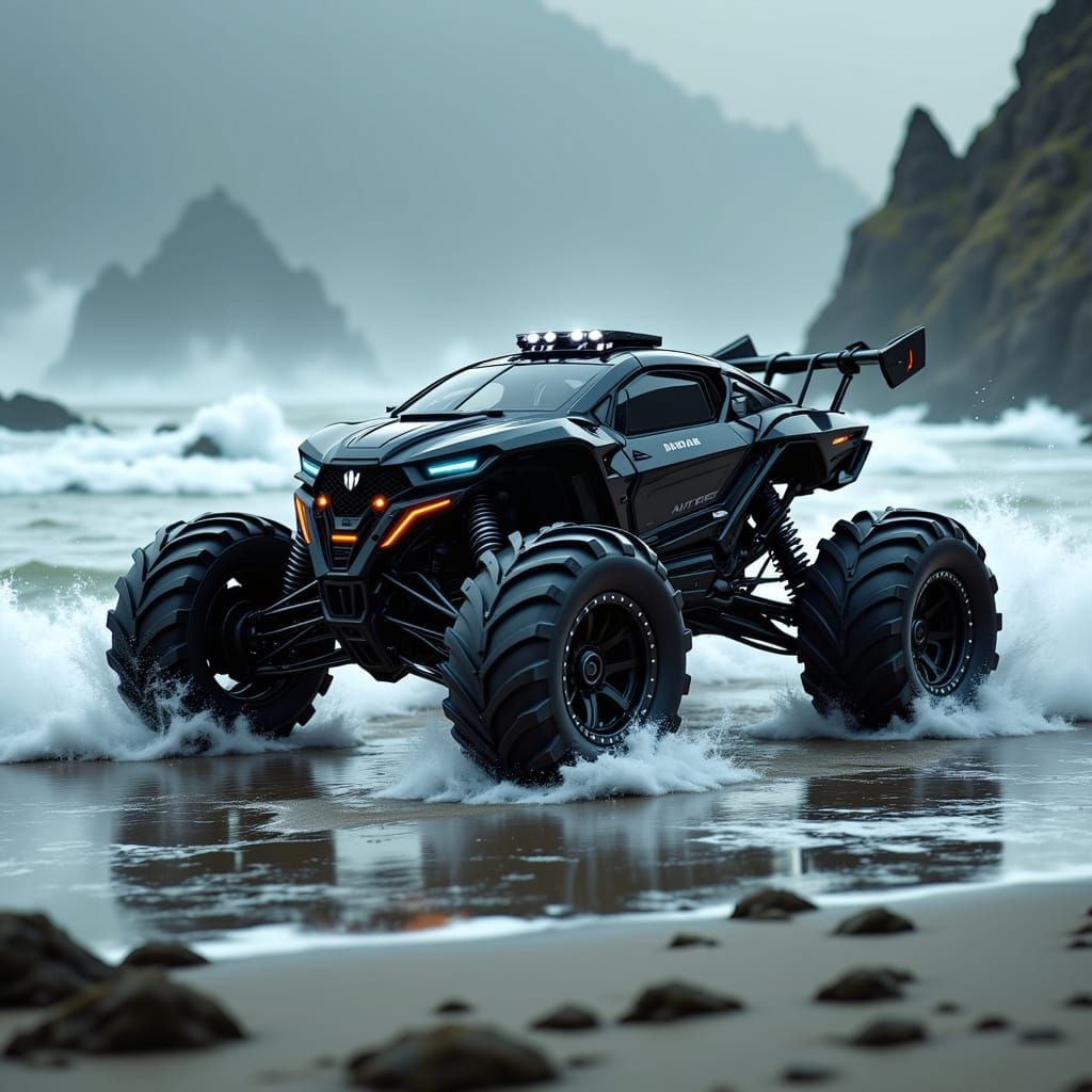 Armored Beach Buggy on Stormy Coast, Futuristic Design