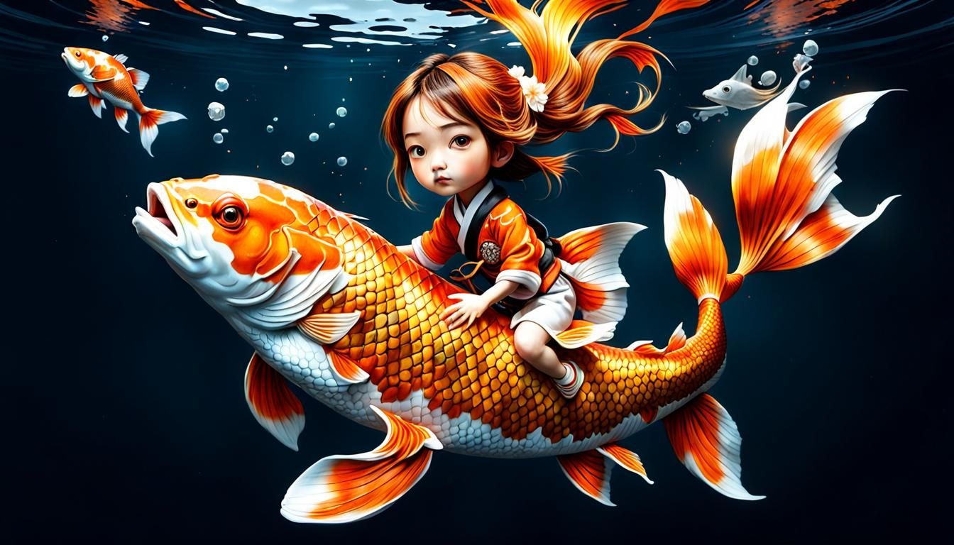 Girl Rides Koi Fish in Vray Style