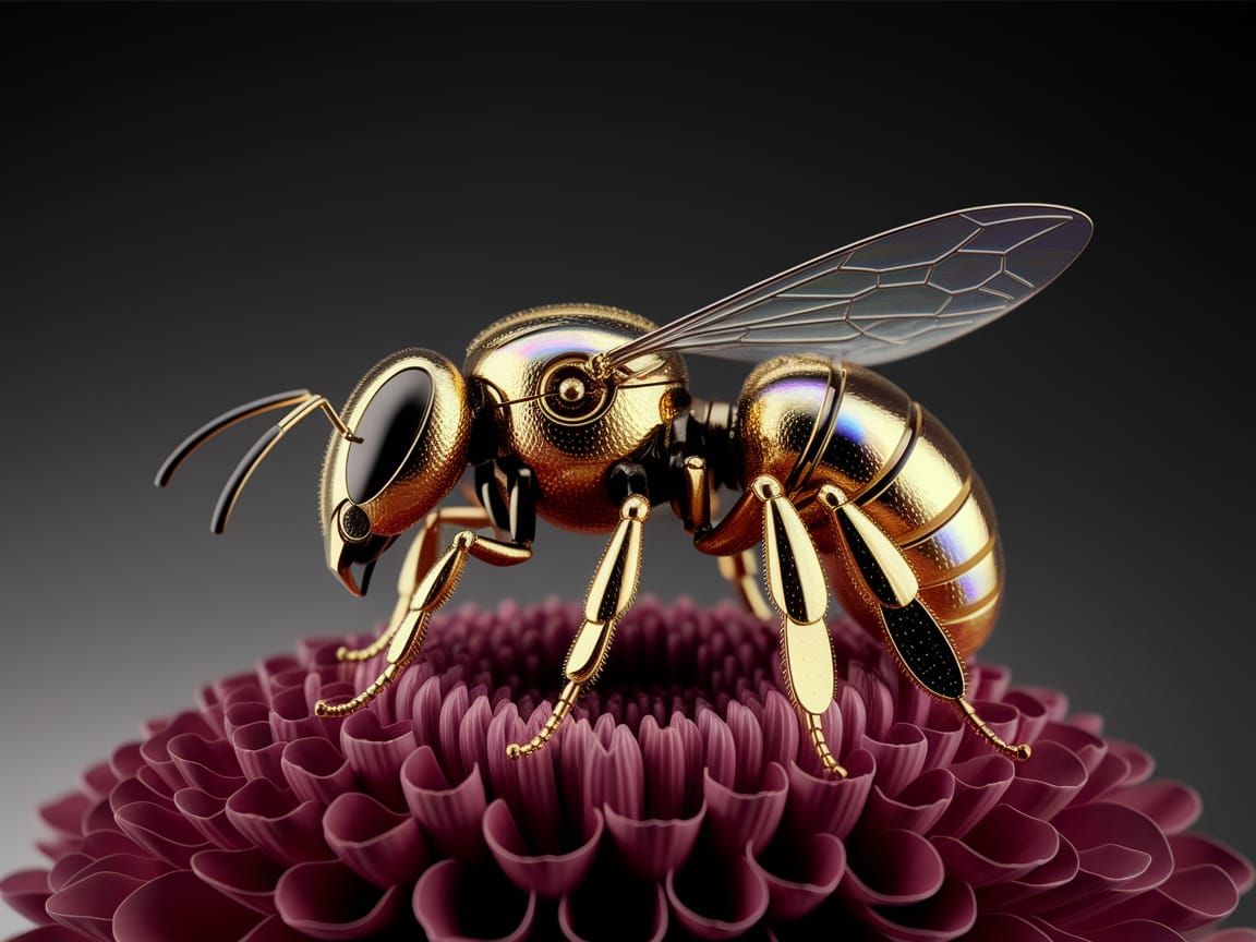 Mechanical Bee Amidst Vibrant Red Bloom