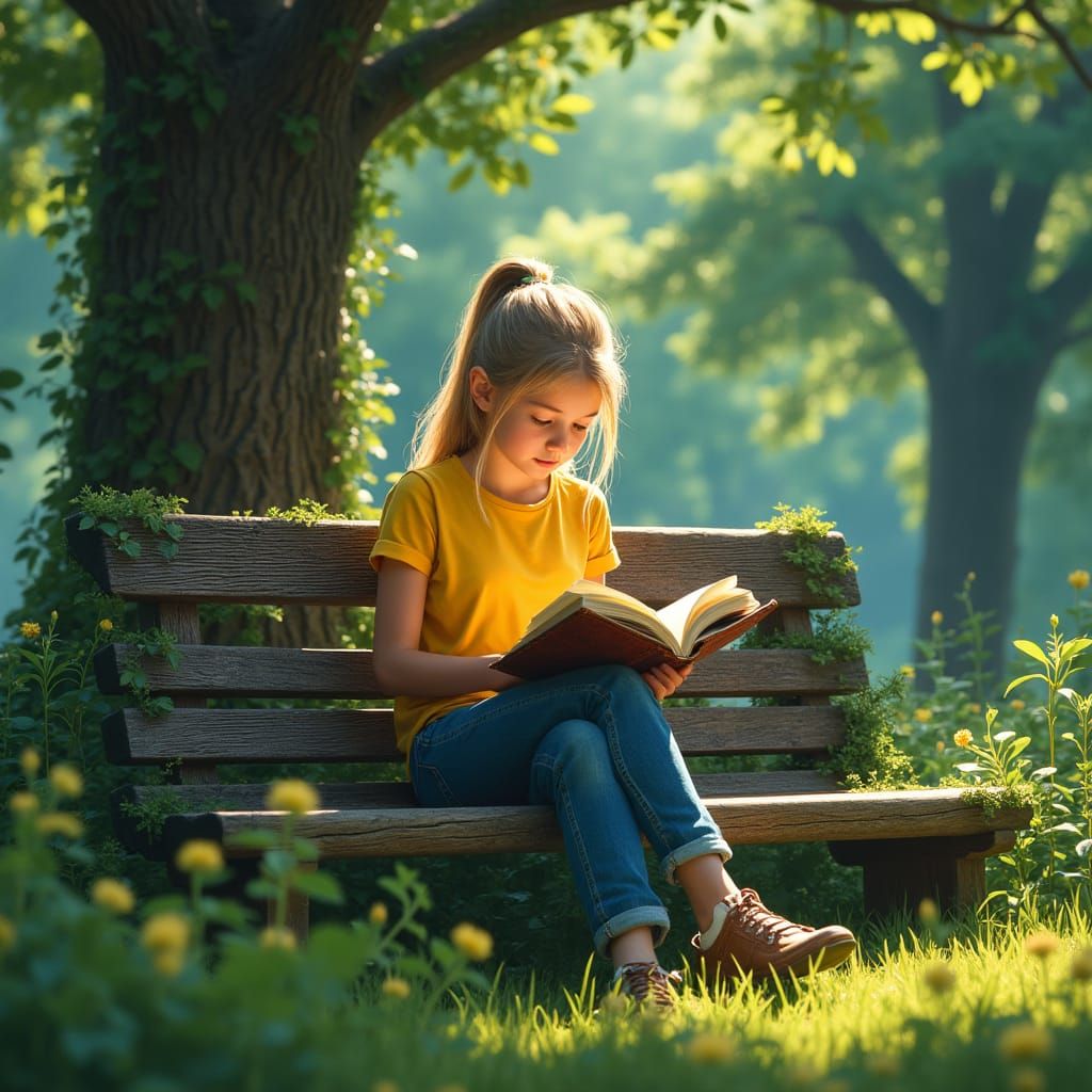 Girl Reading Book in Park, Fine Art Photography Style
