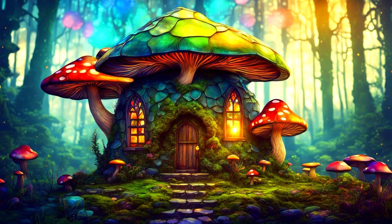 Magic Mushroom House in Stained Glass Style