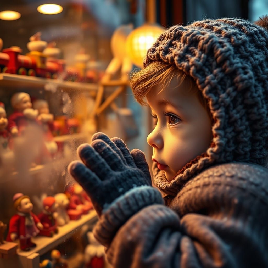 Curious Child Outside Toy Shop on Winter Evening
