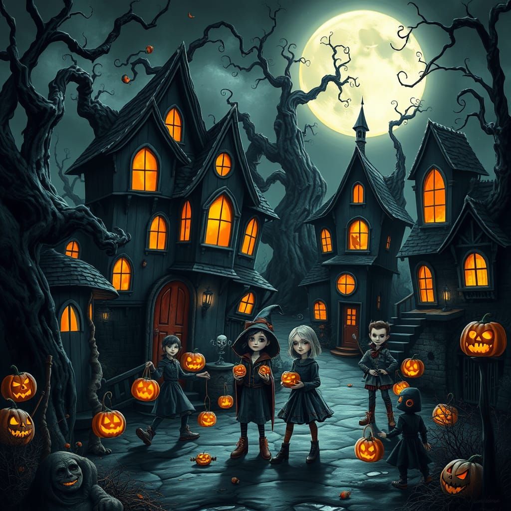Tim Burton Style Macabre Halloween Scene in Gothic Fantasy A...