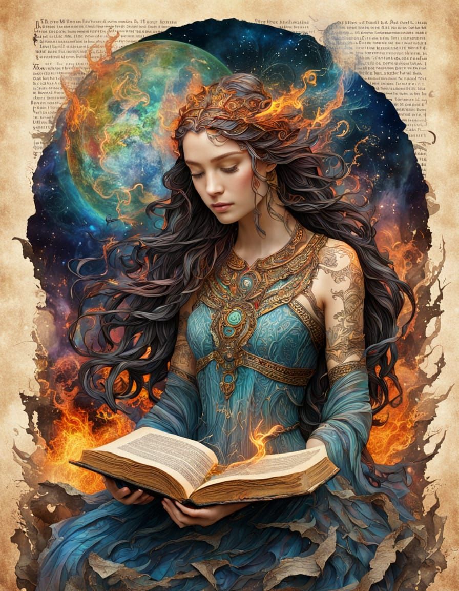 Enchanted Goddess Amidst Burning Book Pages