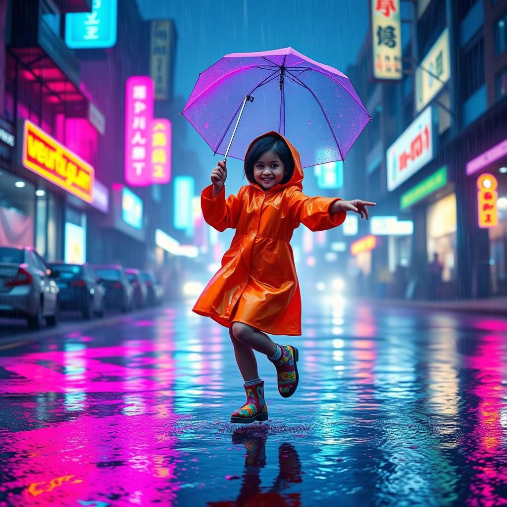 Bangladeshi Girl Dancing in Neon Rain, Synthwave Style