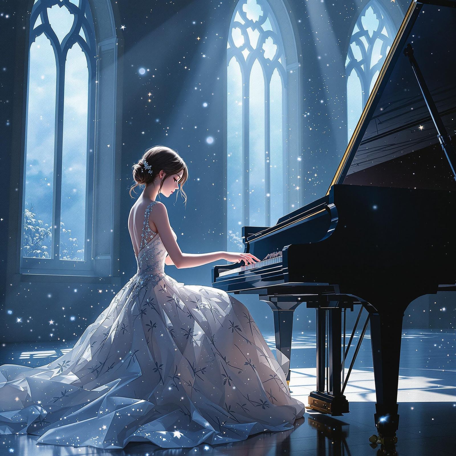 Anime Girl Plays Piano in Moonlight, Ghibli Style