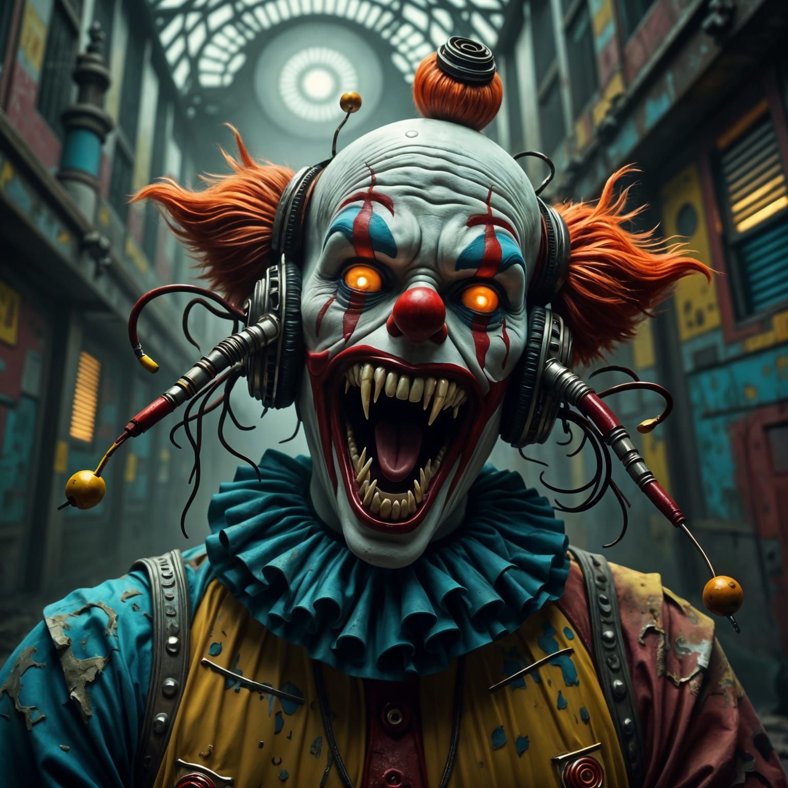 Cyberpunk Clown in Abandoned Amusement Park