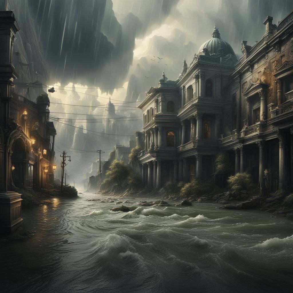 Dramatic Flood Scene in Digital Matte Painting Style