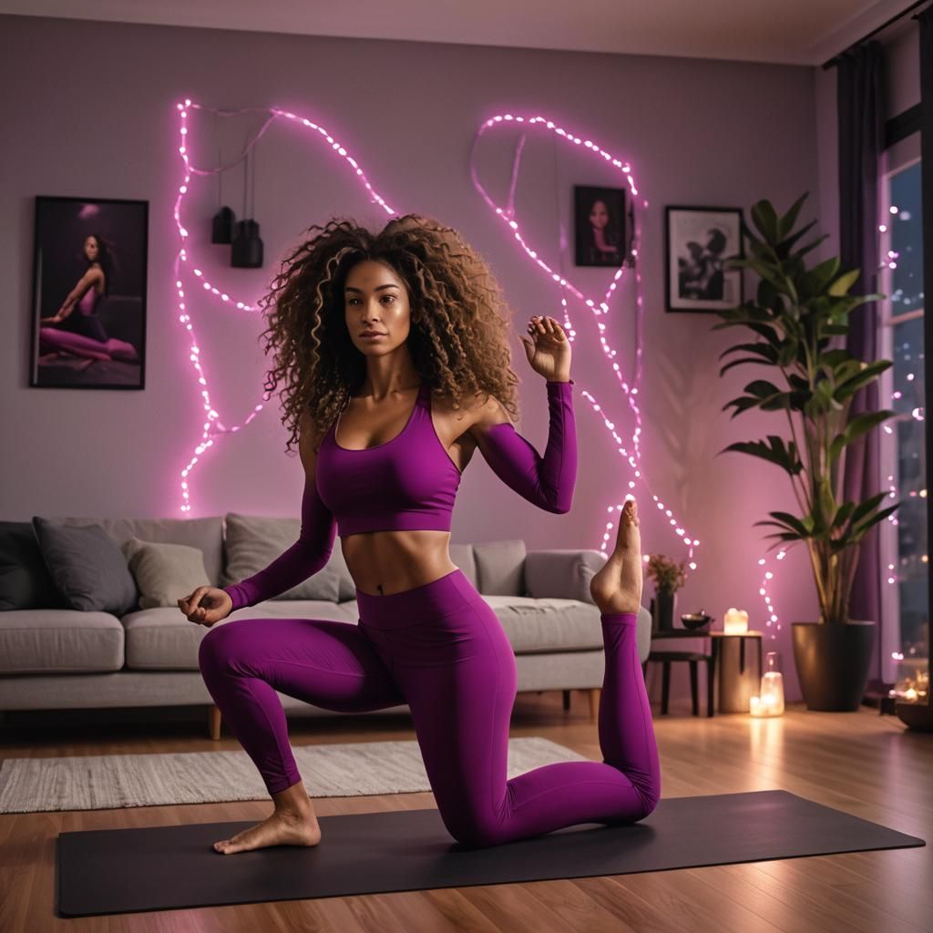 Young Woman Stretching in Living Room: Digital Matte Paintin...