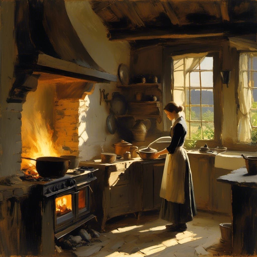Cozy 1890s Kitchen Scene in Romantic Realism