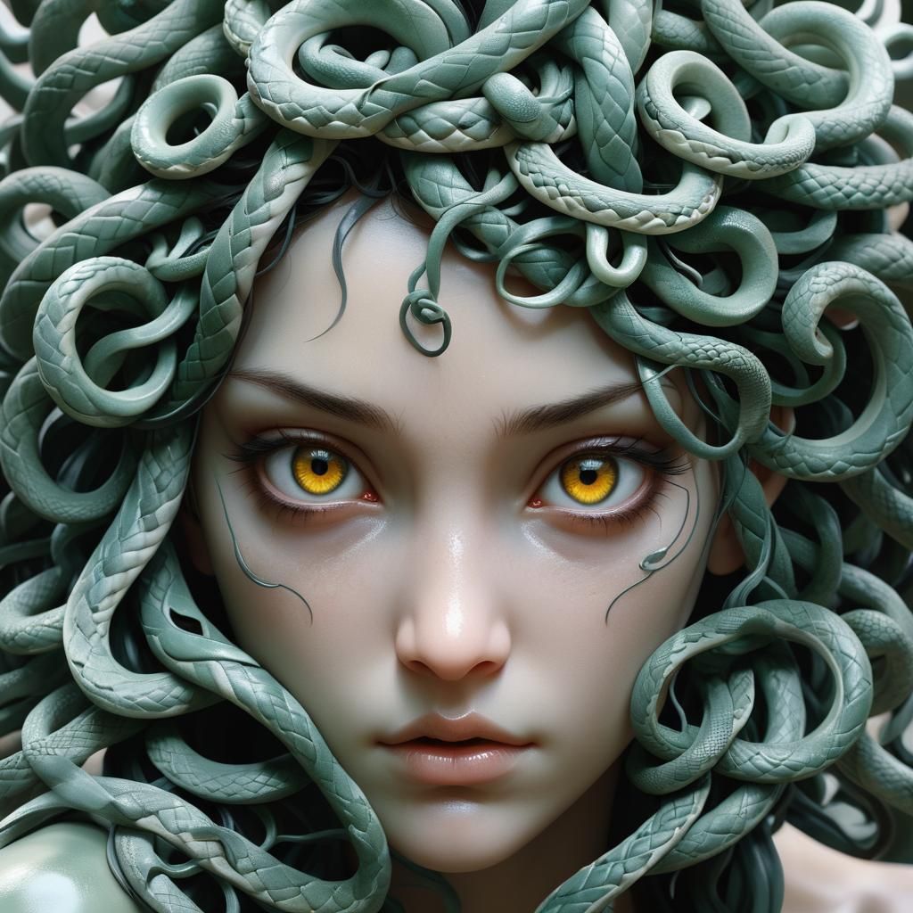 Sorrowful Medusa Portrait in Hyper-Realistic 3D Anime Art