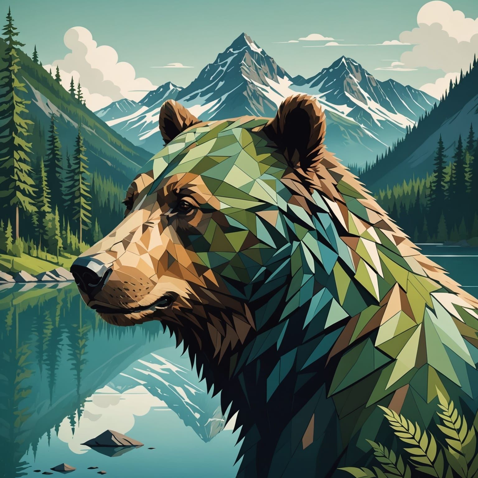 Surreal Bear Portrait in a Serene Mountain Landscape