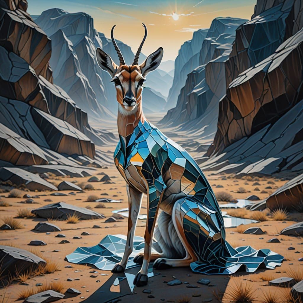Gazelle in Glass Dress in Surreal Landscape