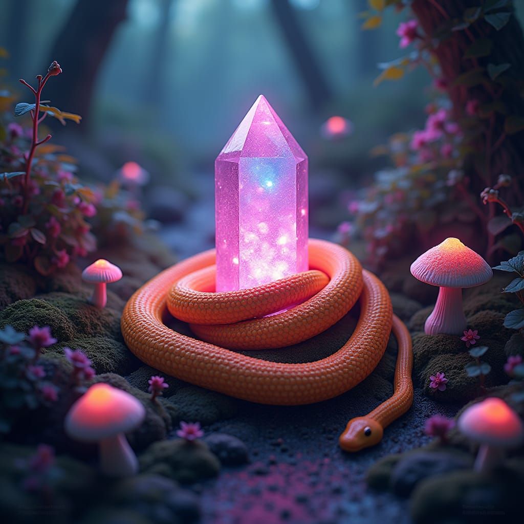 Corn Snake Coiled Around Ethereal Crystal