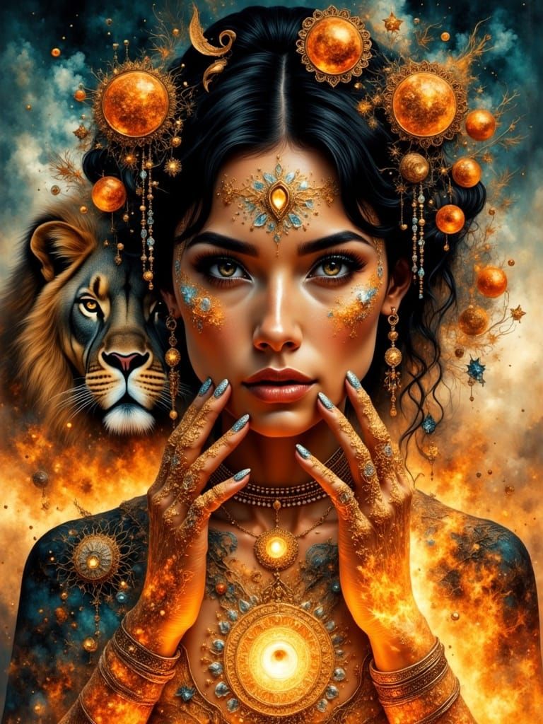 Fiery Woman with Lion in Dreamlike Double Exposure