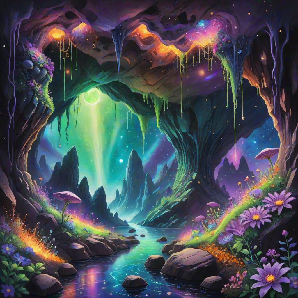 Vibrant Cave with Cosmic Backdrop in Crayon Sketch Style