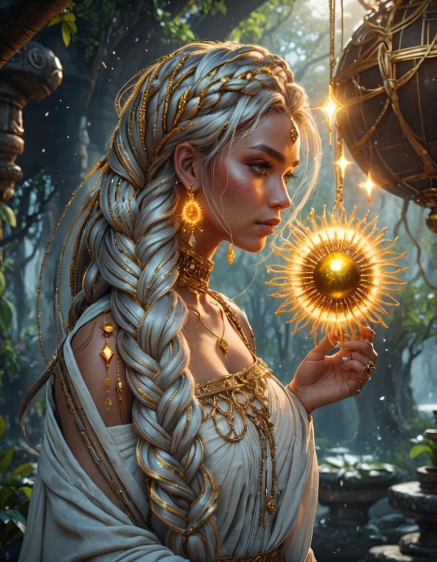 Golden Jewelry Highlights Braided Hair in Fantasy Art