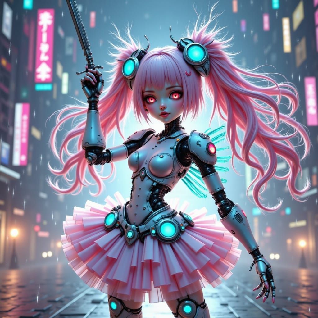 Anime cyberpunk cyborg magical girl, holding a large anime sword up into the air, full-body portrait, sleek chrome-and-n...