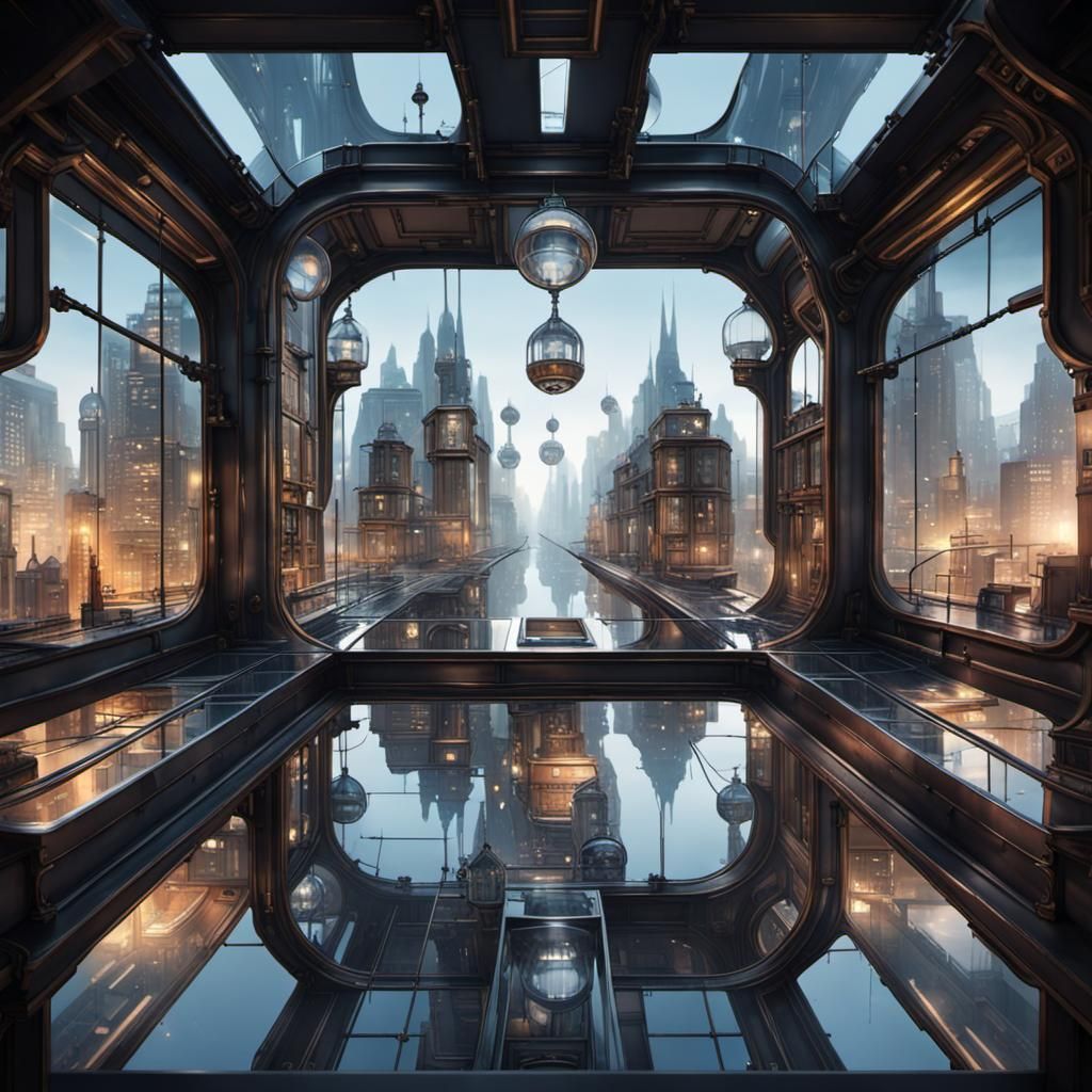 Futuristic Glass City in Cube, Steampunk Style