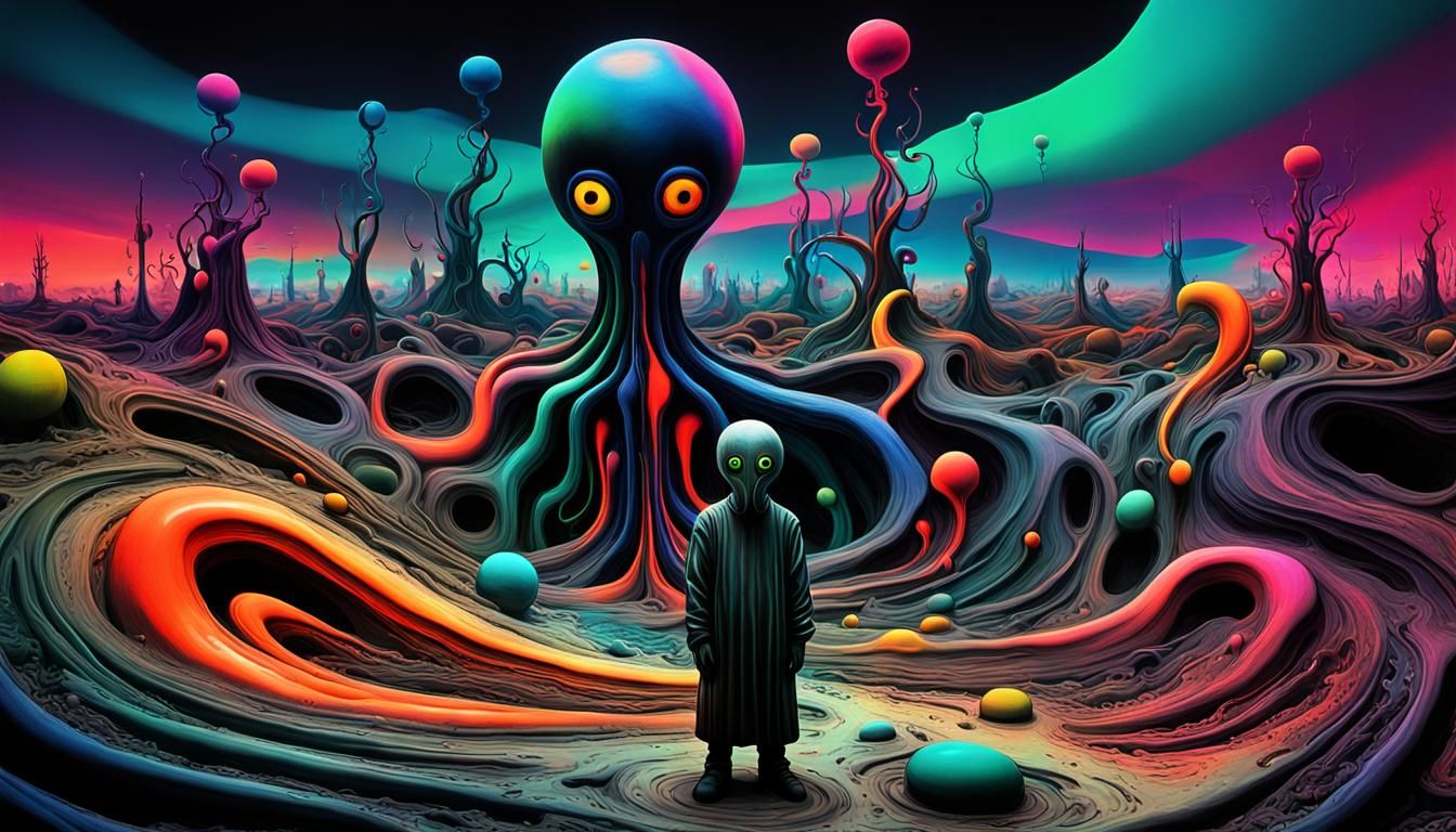 Surreal Distorted Figure in Polluted Landscape as Impasto Pa...