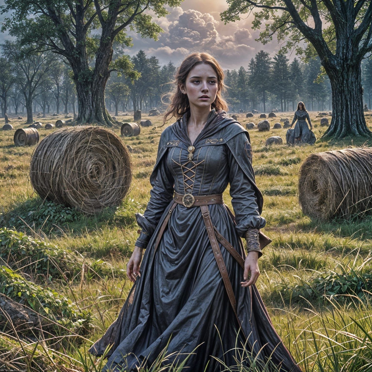 Lost Maiden in Hay Field: Dark Fantasy Art