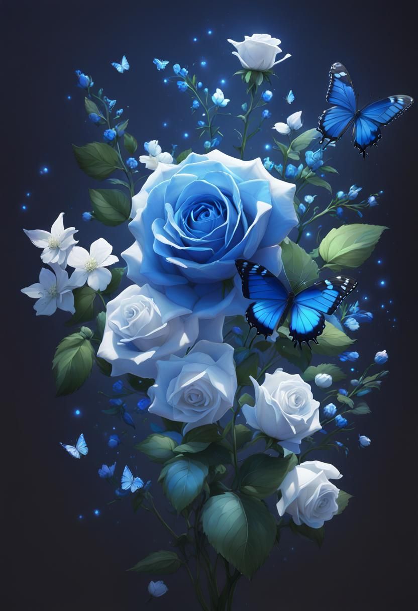 Floral Still Life with Blue Butterfly in 3D Anime Style