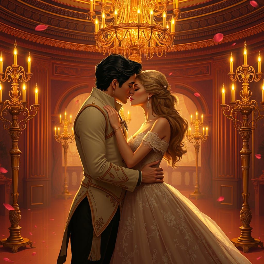 Lumiere and Plumette Kiss in Ballroom, Art Nouveau Style