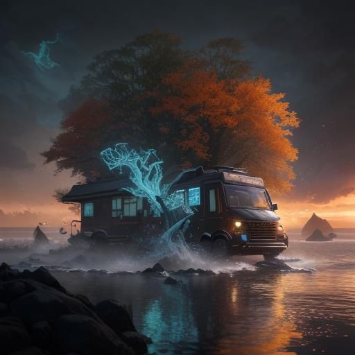 Sunset Campfire Scene by River, Digital Painting