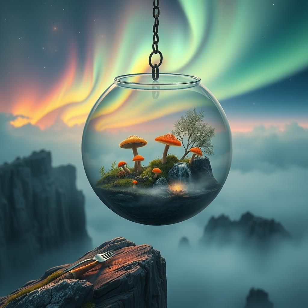 Miniature World in Glass Bowl Under Northern Lights