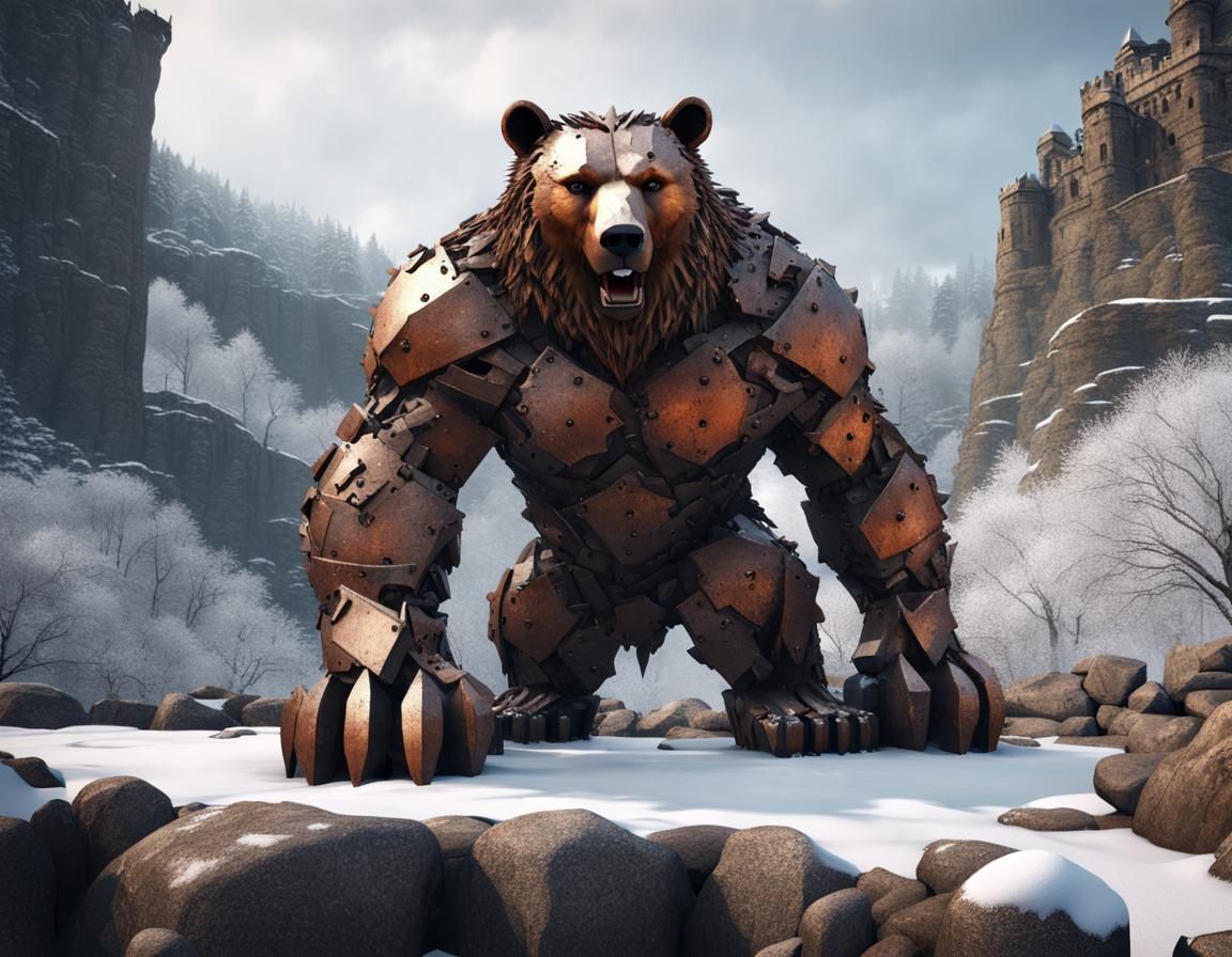 Metal Bear Sculpture Guards Snowy Castle