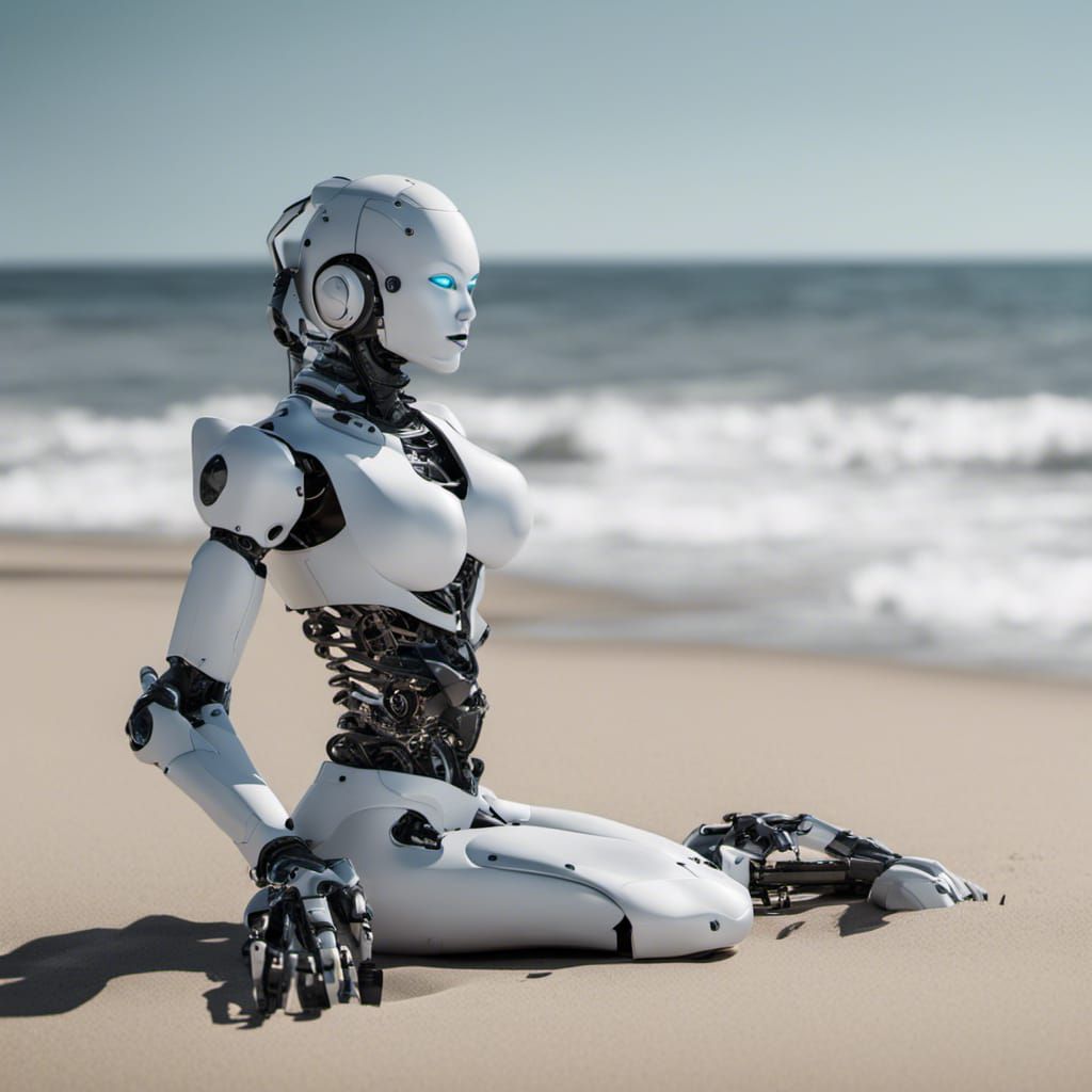 Robot Girl on Beach in Digital Art Style