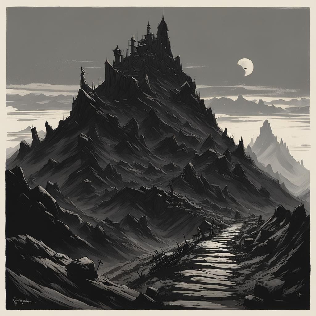 Sinister Goblin Mountain in Black, Fantasy Art