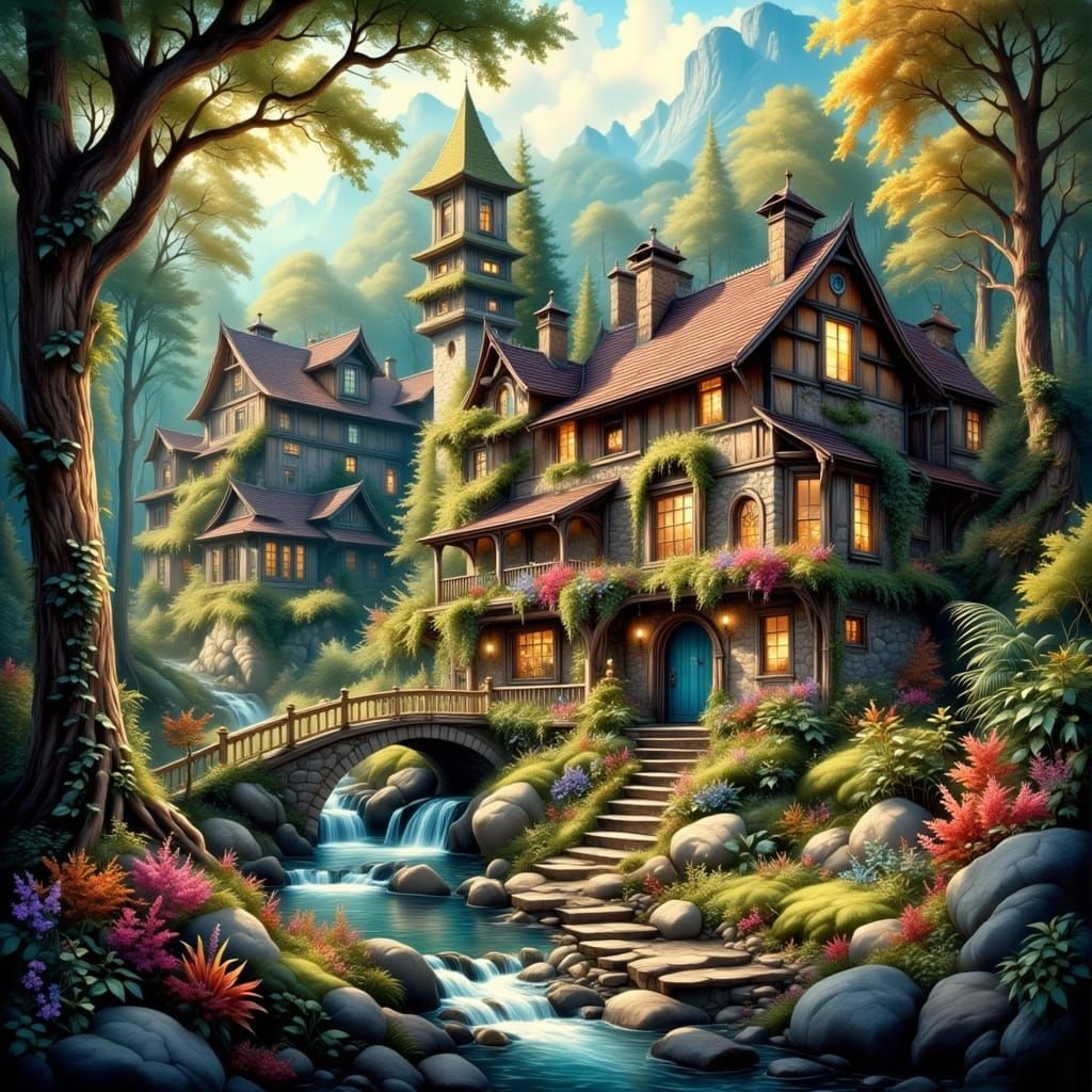 Vibrant Rustic Village Amidst Lush Foliage in Whimsical Arti...