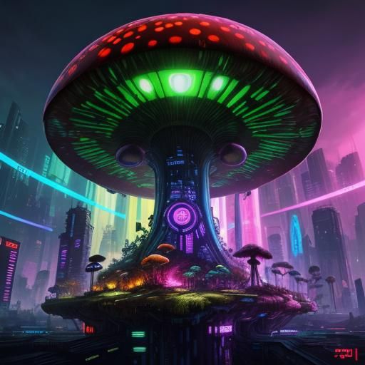 Mushroom in Cyberpunk City: Hyperrealistic Concept Art