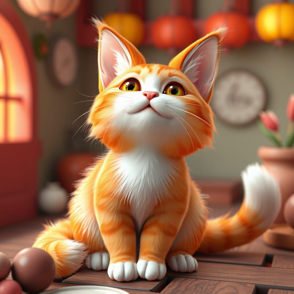 Whimsical Orange Tabby Cat in Kawaii Setting
