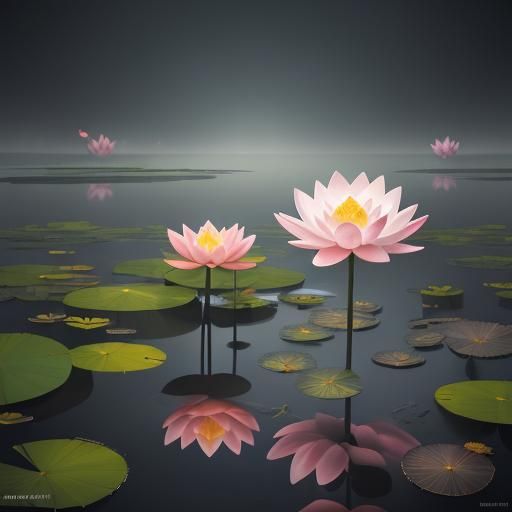 White and Pink Lotus Flowers on Pond in Surreal Style